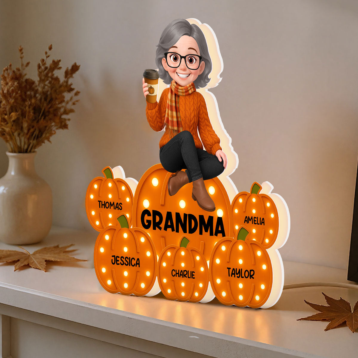 Fall Season Grandma Sitting On Marquee Pattern Texture Pumpkins Personalized LED Light Box, Cozy Grandma's Home Decoration