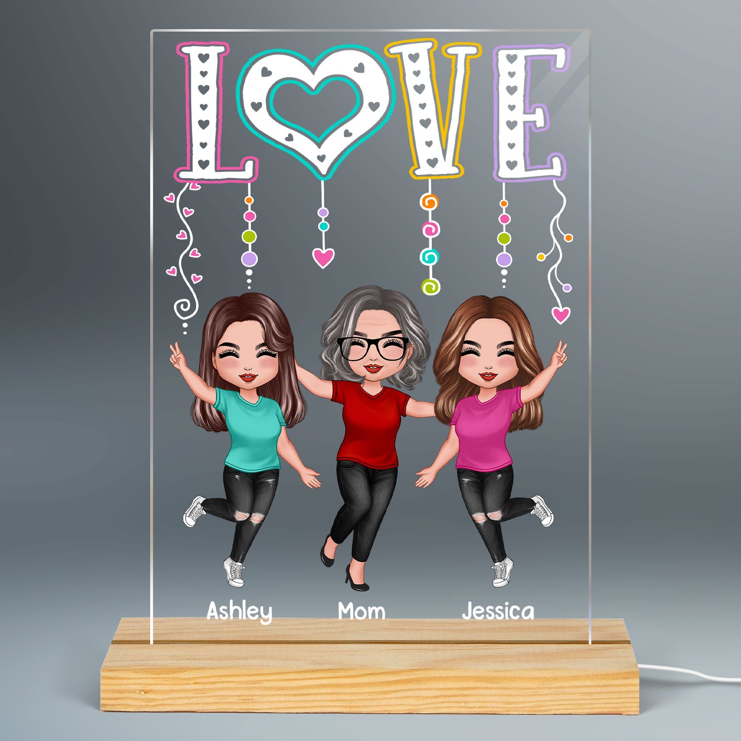 LOVE Happy Doll Mom Daughters Personalized Rectangle Acrylic Plaque LED Night Light