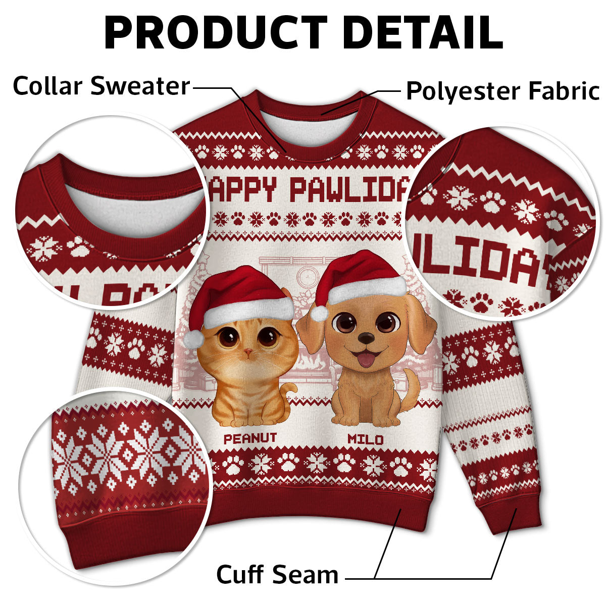 Happy Pawliday Watercolor Cute Dogs Cats Christmas Personalized Faux Knitting Ugly Sweater, Gift For Dog Cat Pet Lovers