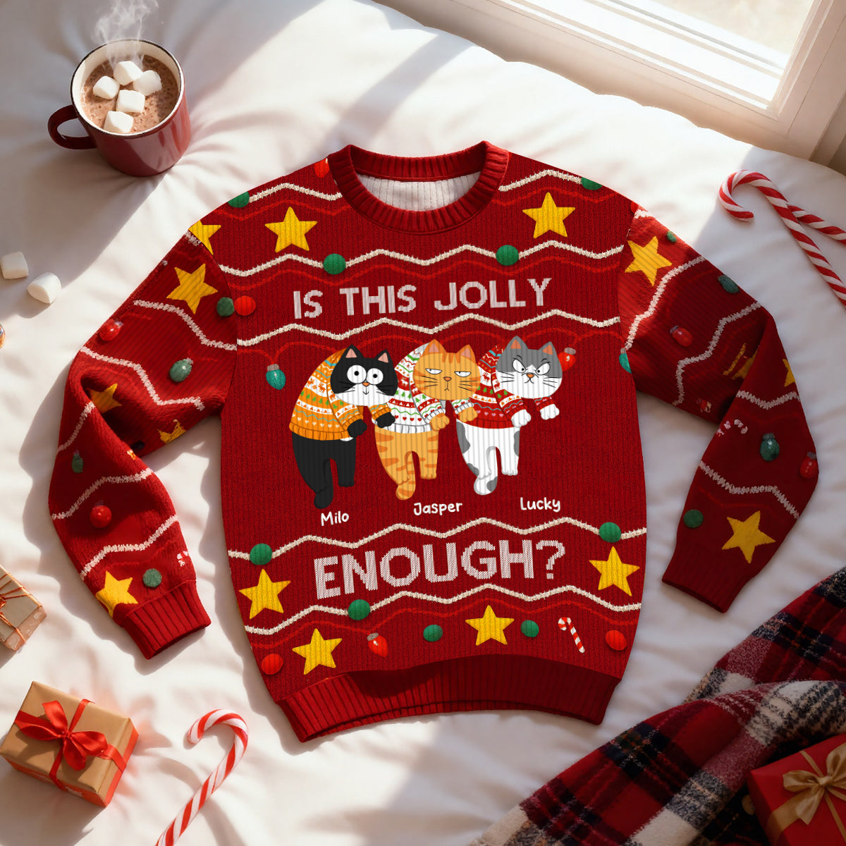 Christmas Hanging Cats Meowy Catmas - Personalized Ugly Sweater - Gift For Cat Lovers