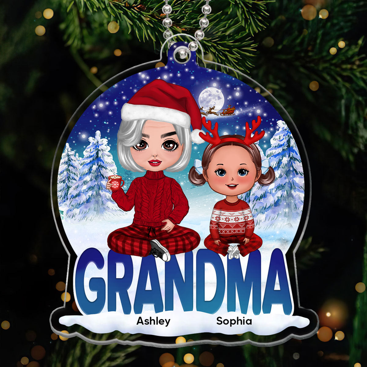 Grandma Grandkids Sitting Snowball Christmas Personalized Acrylic Ornament