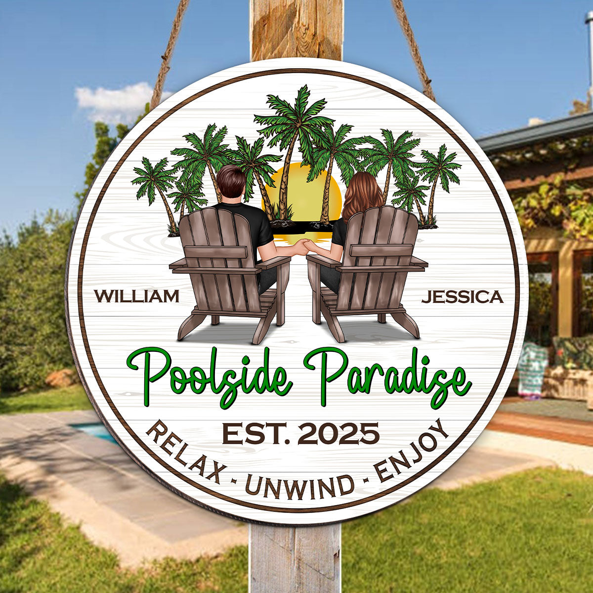 Summer Couple Retro Vintage Poolside Paradise Personalized Wood Sign