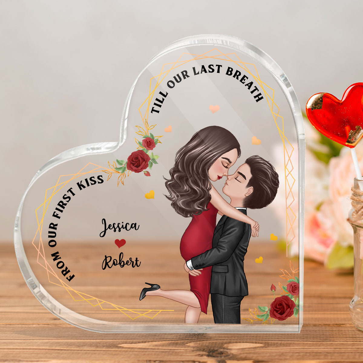 Hugging Couple From Our First Kiss Couple Personalized Acrylic Heart Plaque