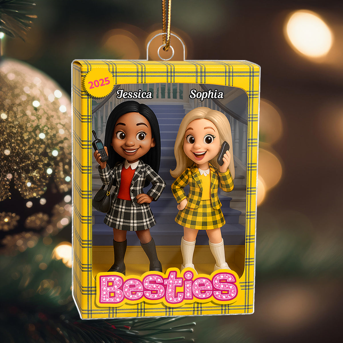 Besties Plaid Dresses Toy Box Style - Personalized Acrylic Ornament - Christmas Gift For Best Friends