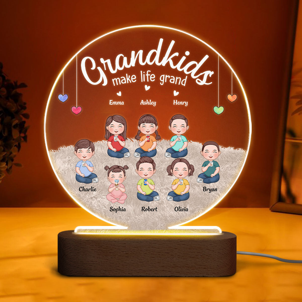 Our Grandkids Cute Sitting Kids Personalized Circle Acrylic Plaque With LED Night Light
