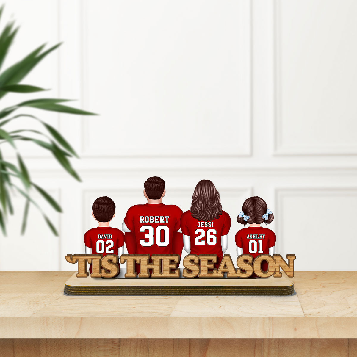 Fall Season Football Family Sitting Back View Personalized 2-Layer Standing Wooden Plaque