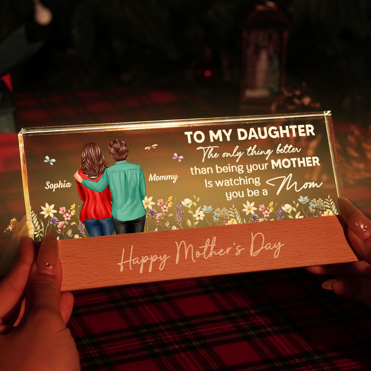 To My Daughter From Mom Happy Mother's Day Floral Personalized Acrylic Block LED Night Light, Gift For Daughter