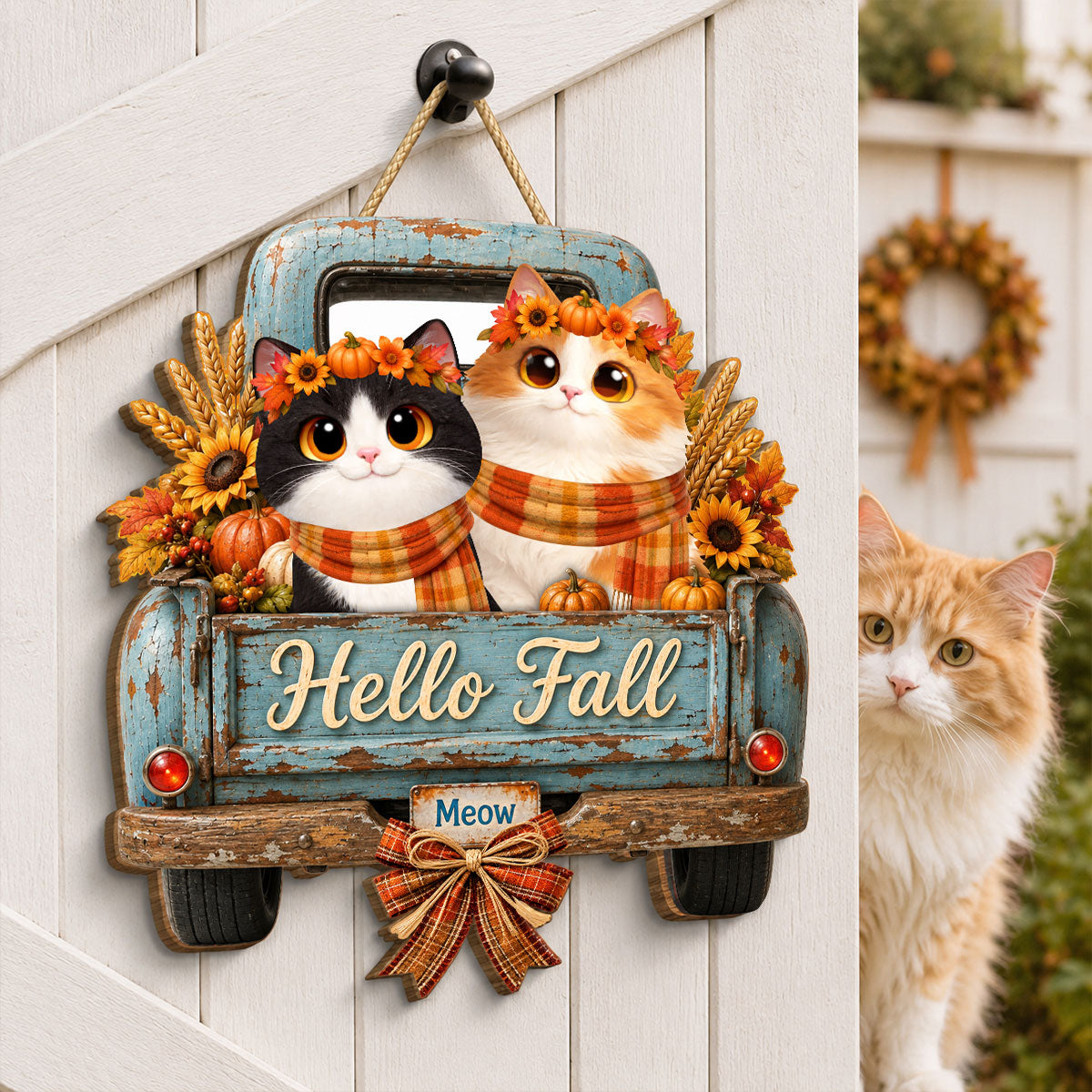Hello Fall Pumpkin Cats - Personalized Door Hanger Sign - Cozy Fall Decor for Cat Lovers