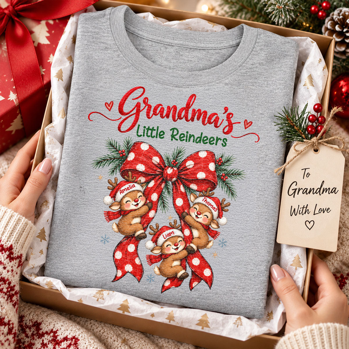 Grandma's Reindeer Christmas Bow - Personalized Shirt - Christmas Gift for Grandma, Trendy Cozy Sweatshirt for Grandma