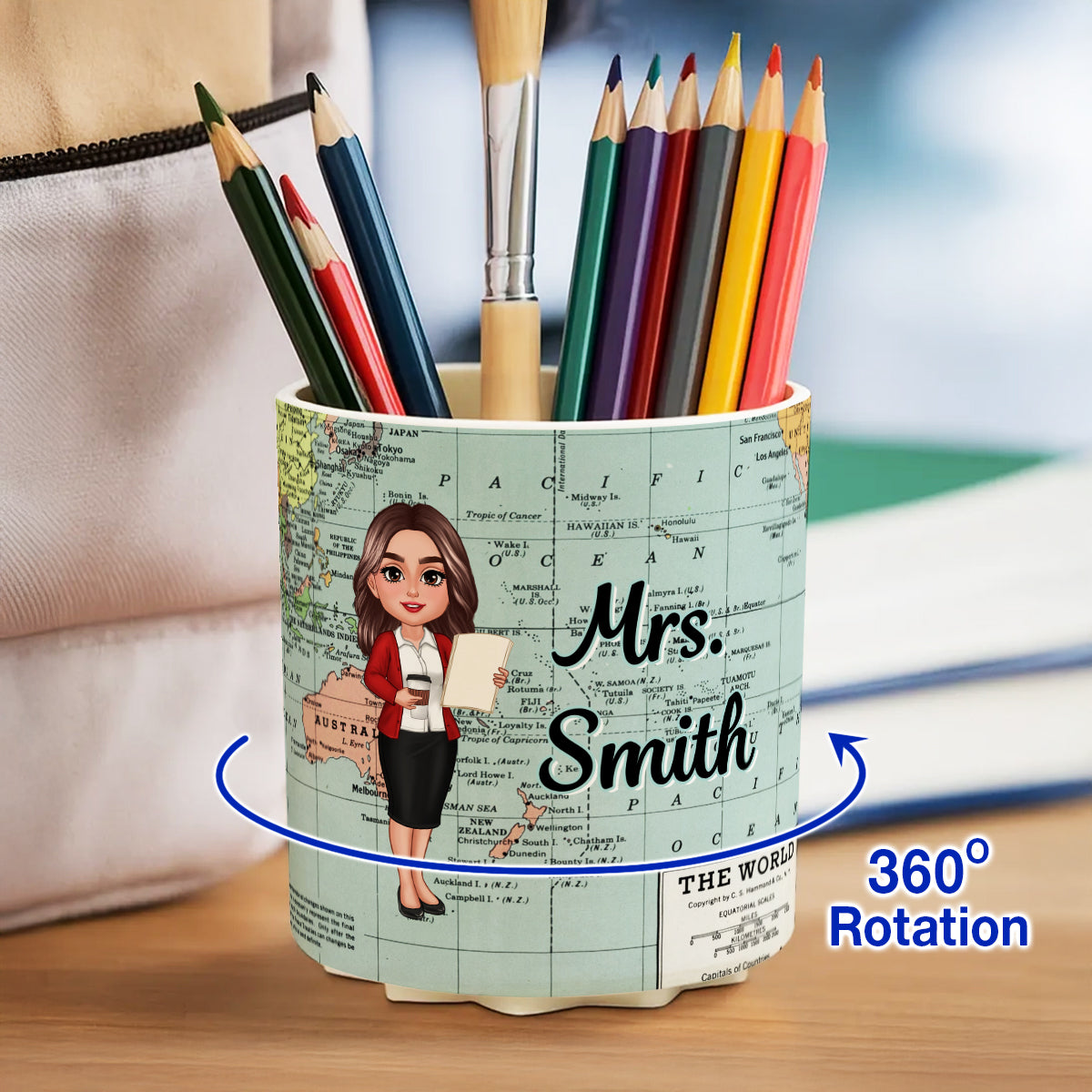 World Map Adventure Themed Doll Teacher Personalized Rotating Pen Holder