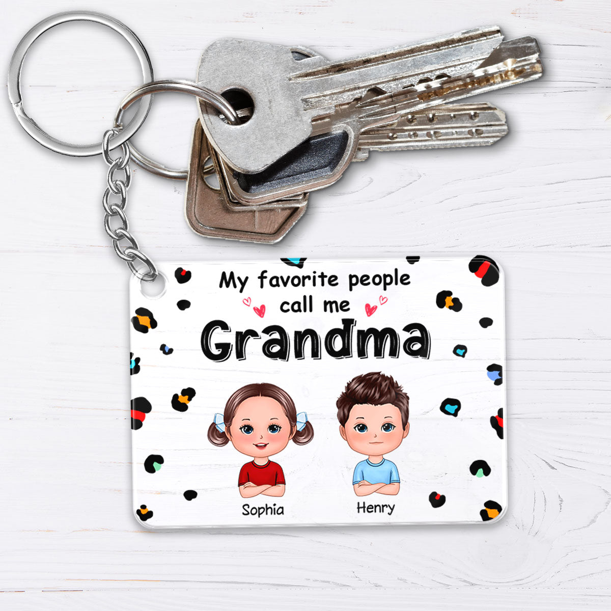 My Favorite People Call Me Grandma Cute Doll Kids Colorful Leopard Pattern Personalized Acrylic Keychain