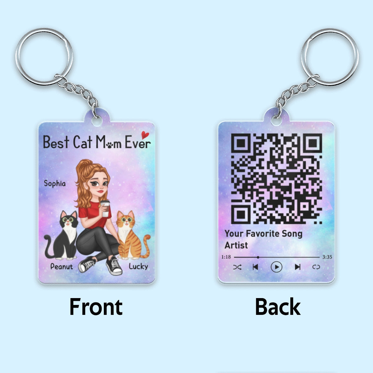 Cat Mom Pretty Cartoon Girl Gift For Cat Lover Favorite Song QR Code Personalized Acrylic Keychain