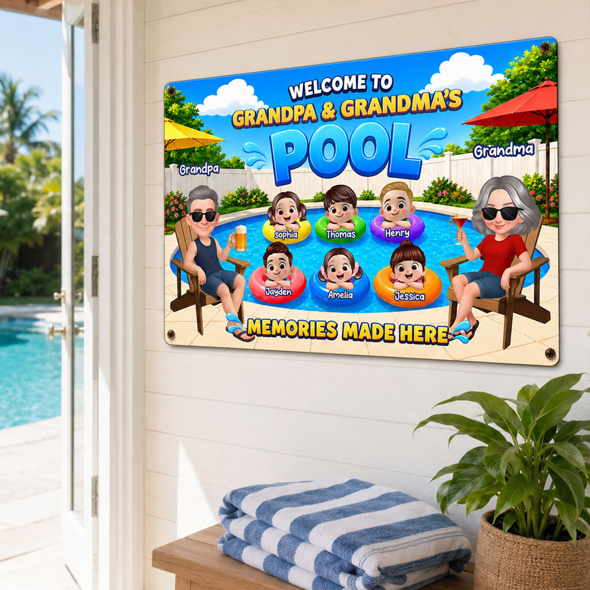 Welcome To Grandma Grandpa Pool Summer - Personalized Metal Sign - Gift For Grandparents, Summer Decoration