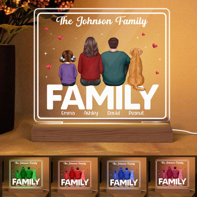Whole Family Back View Couple Dad Mom Kids Dogs Cats Sitting On Words Personalized Custom Shape Acrylic Plaque LED Night Light