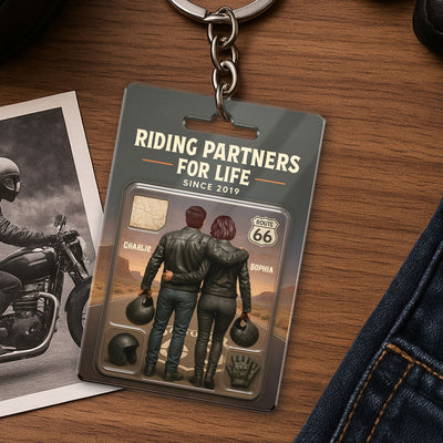 3D Effect Custom Figure Couple Bikers Riding Partners For Life Personalized Acrylic Keychain, Gift For Bikers