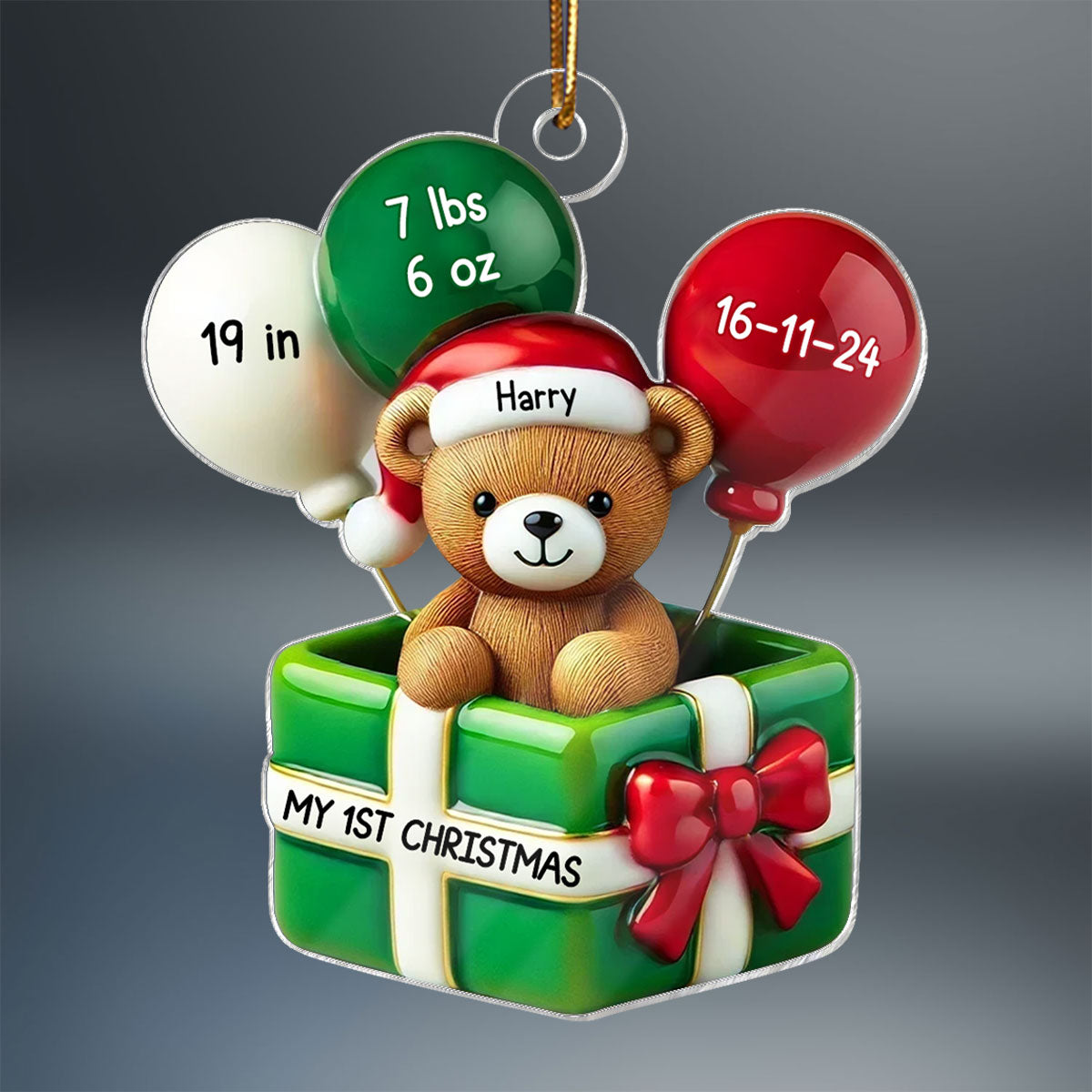 3D Effect Teddy Bear Baby First Christmas Personalized Acrylic Ornament, Newborn Christmas Gift