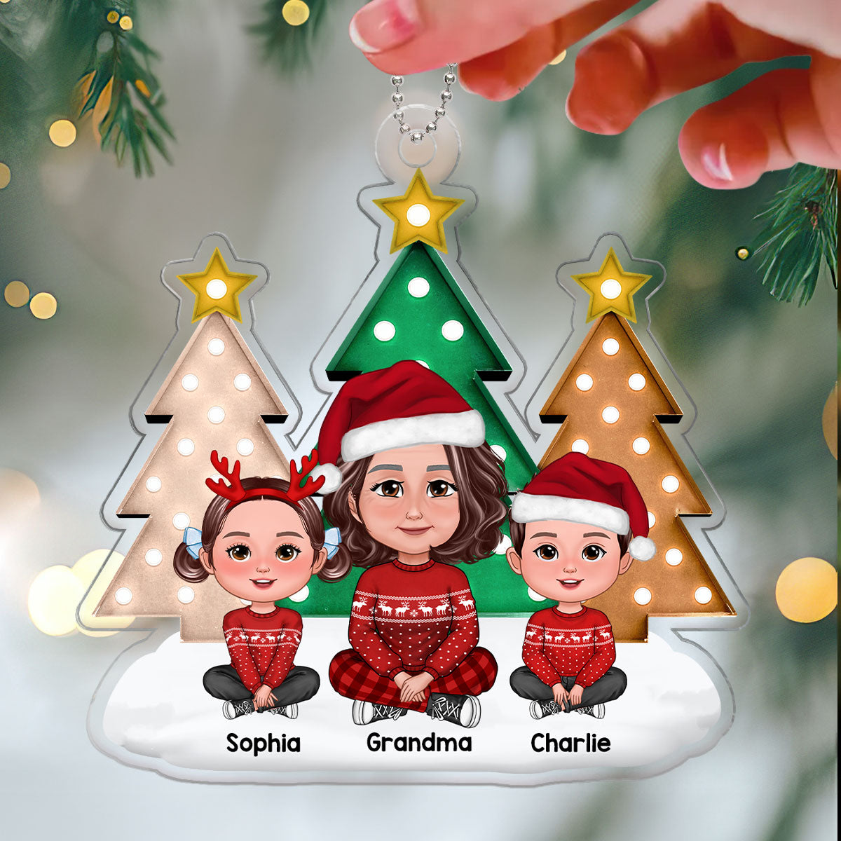 Christmas Tree Marquee Grandma Grandkids Sitting Personalized Acrylic Ornament