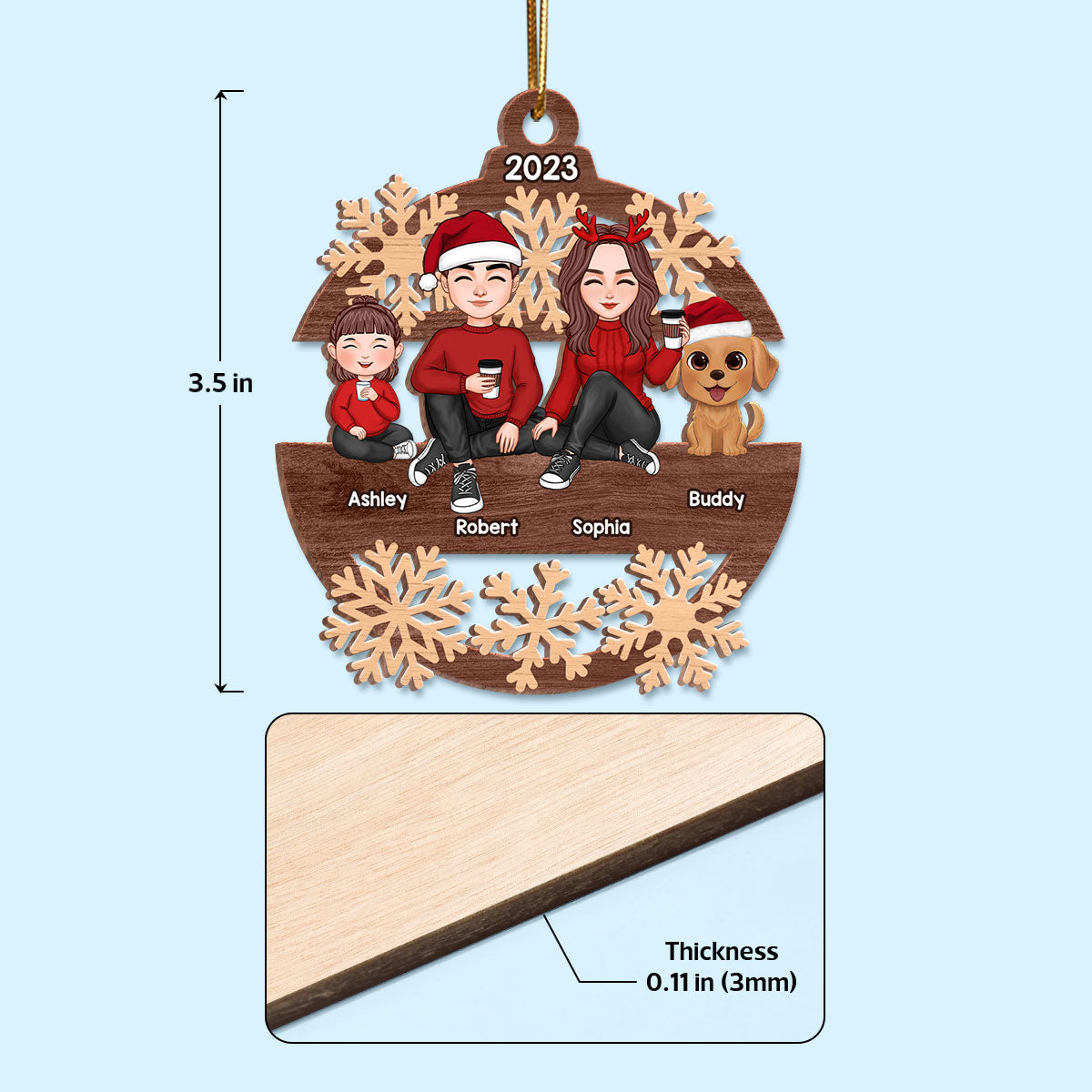Snowflake Cute Family Sitting Personalized Wooden Ornament