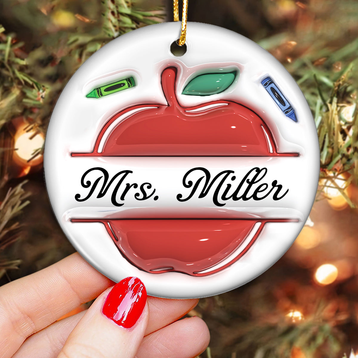 Teacher Things Pencil Apple 3D Inflated Personalized Ceramic Ornament