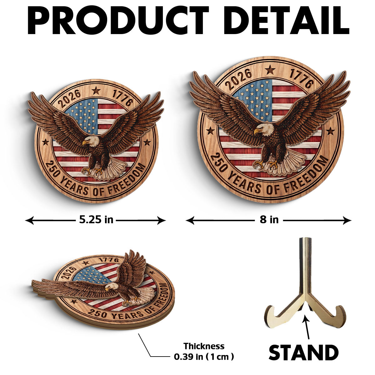 United States 250th Anniversary Eagle & American Flag - Personalized 2-Layered Wooden Plaque - America 250 Emblem American Patriot Home Decor