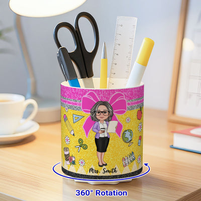 Glitter Coquette Pattern Personalized Rotating Pen Holder, Teacher Appreciation Gift, Back To School Gift