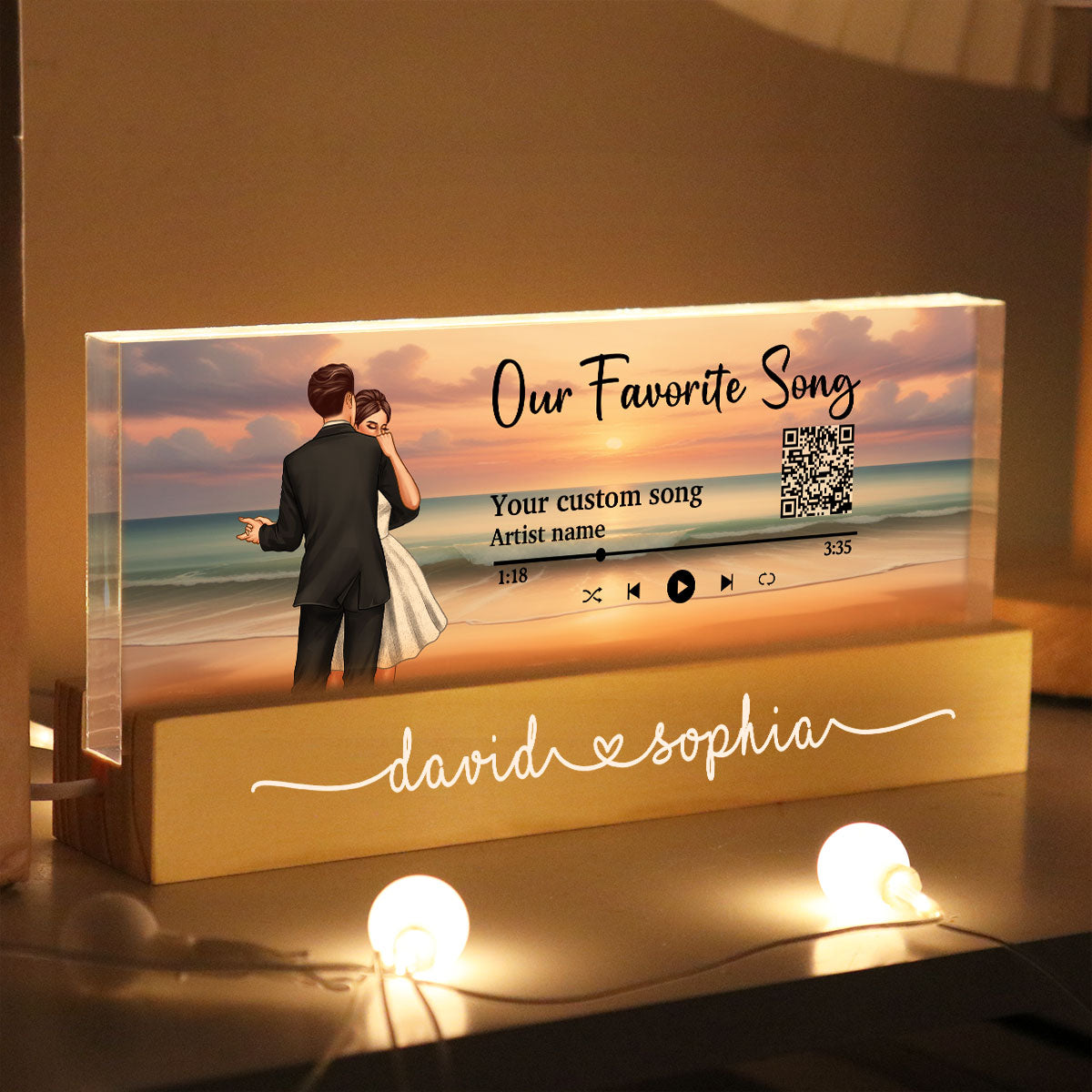 Romantic Dancing Couple On Eternal Sunset Beach Landscape Personalized Acrylic Block LED Night Light