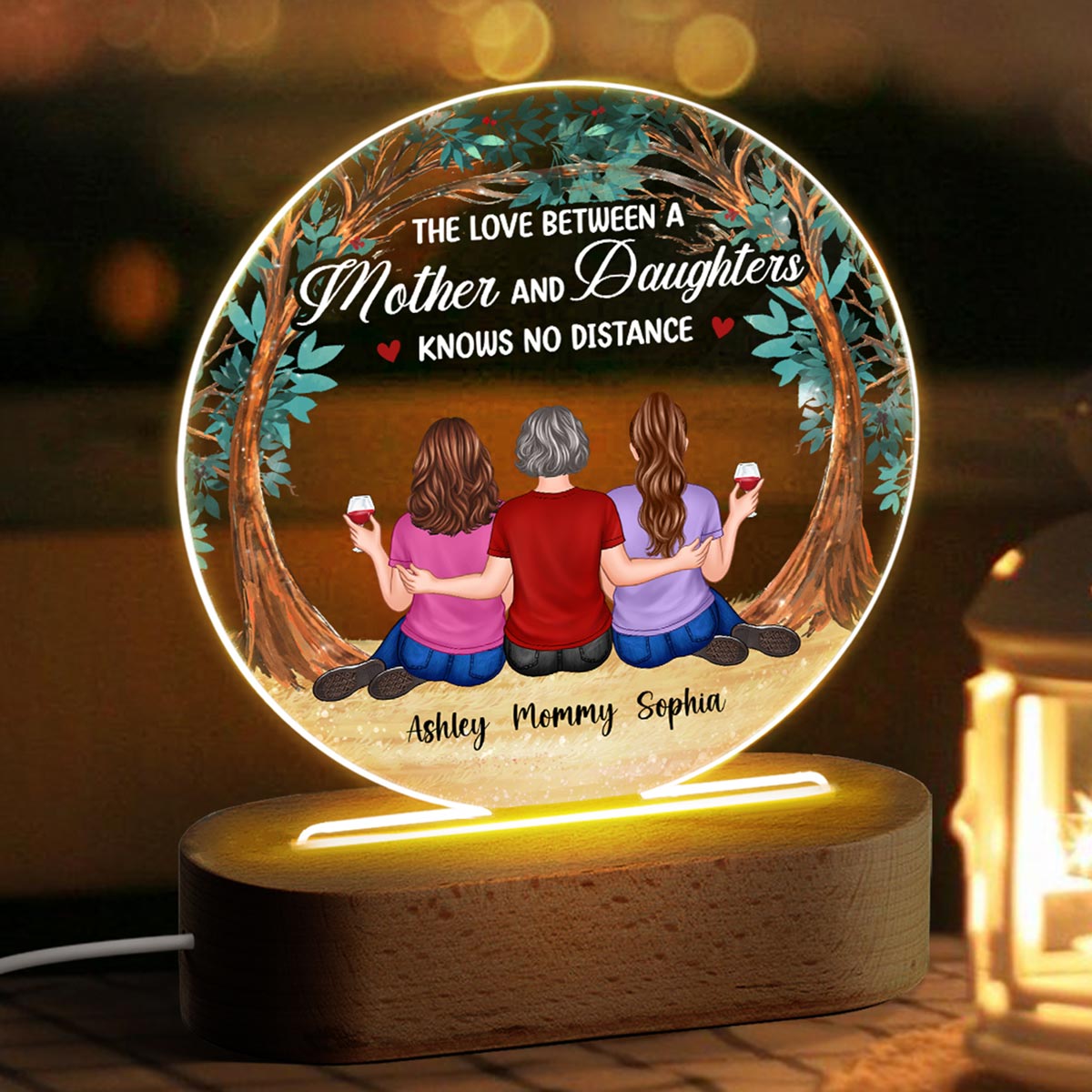 Mother Daughter Under Tree Personalized Acrylic Circle LED Lamp Night Light