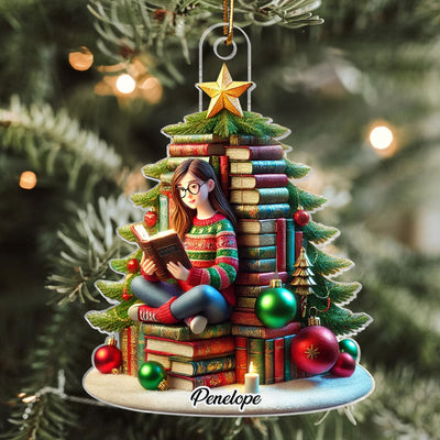 Book Christmas Tree Girl Sitting Acrylic Ornament, Personalized Book Christmas Tree Ornament, Christmas Gift For Book Lovers