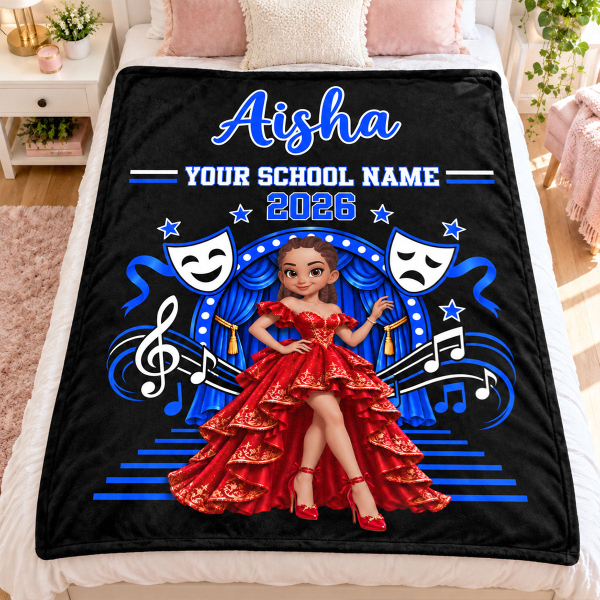Theater Drama Club Girl Custom Name & School Name - Personalized Fleece Blanket - Graduation Gift For Musical Theater Girls, High School Theater Students, Daughter, Granddaughter