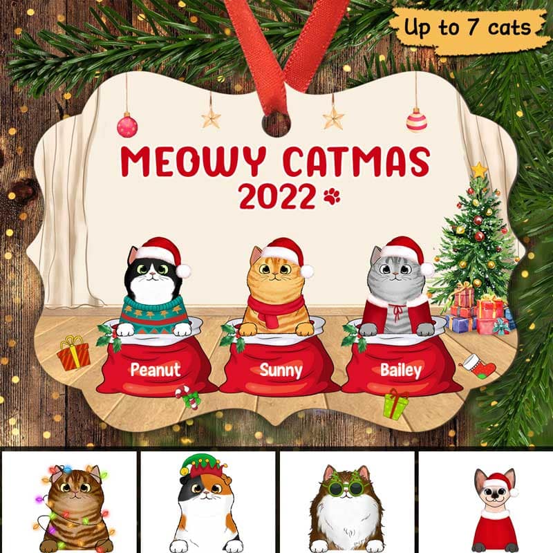 Meowy Catmas Fluffy Cat In Santa Sack Personalized Christmas Ornament