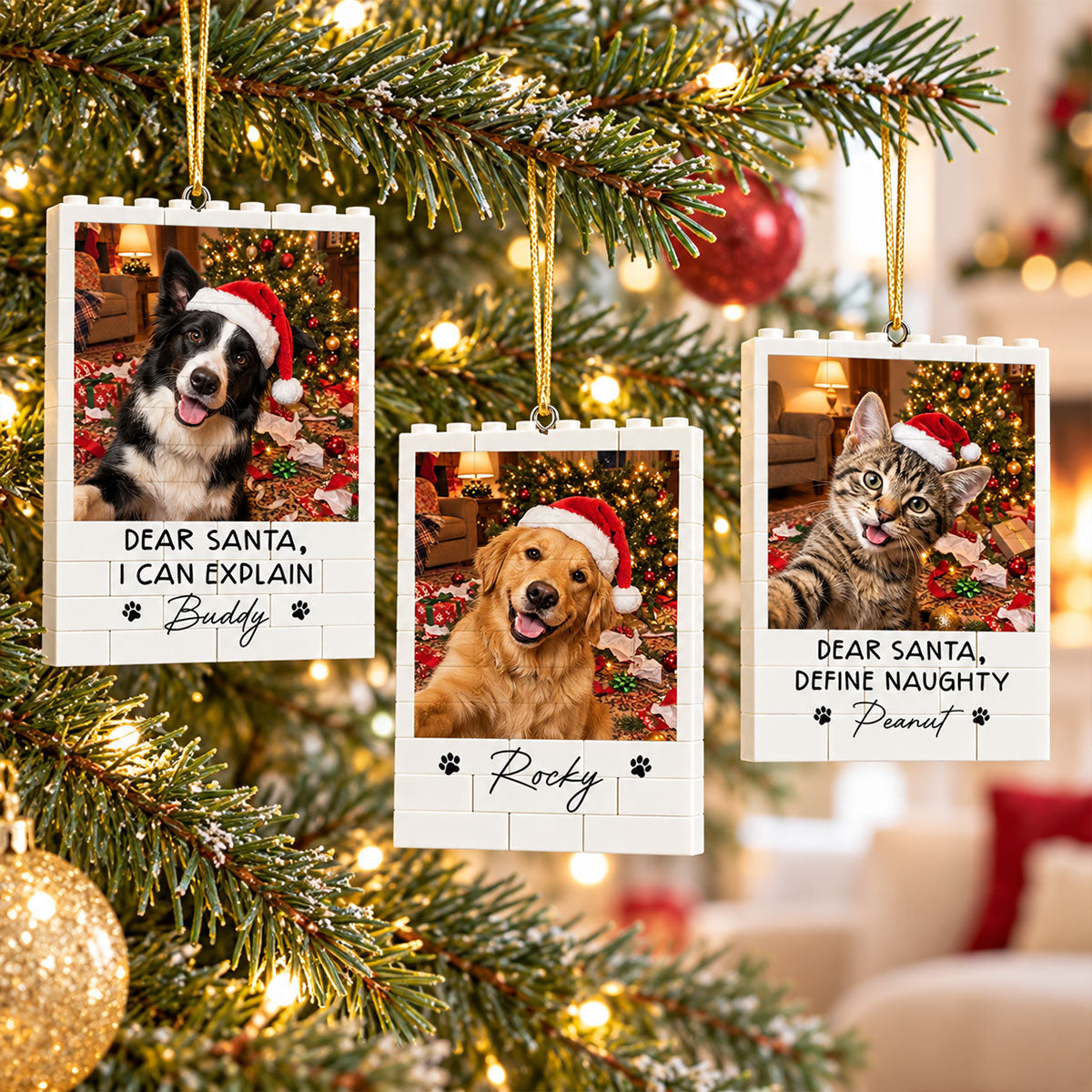 Dog Cat Ruin Christmas Things Upload Pet Photo - Personalized Building Blocks Ornament - Funny Gift For Dog Lovers, Cat Lovers