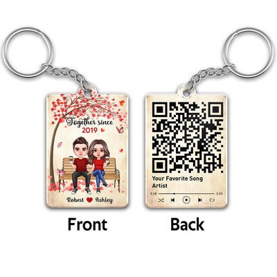 Realistic Doll Couple Under Tree Favorite Song Scannable QR Code Personalized Acrylic Keychain