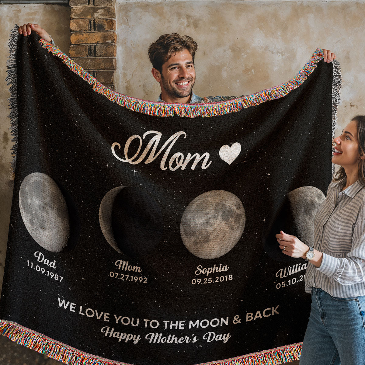 Mom Grandma Love You To The Moon And Back Moon Phase Art Personalized Tapestry Woven Blanket