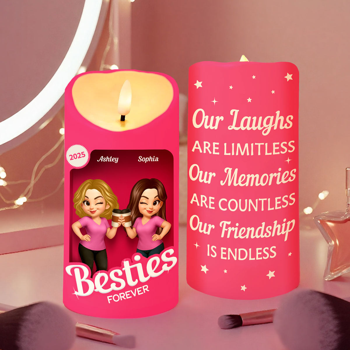 Pink Besties Our Friendship Is Endless Christmas Personalized LED Candle