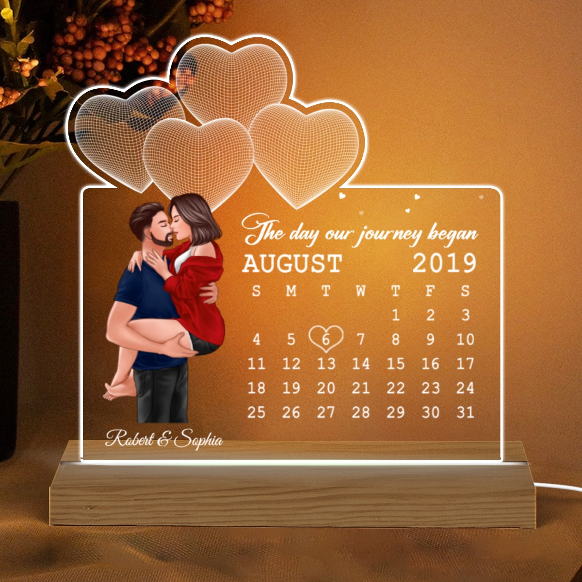 Man Holding Woman Kissing Under 3D Heart Anniversary Date Calendar Personalized Custom Shape Acrylic Plaque With LED Night Light