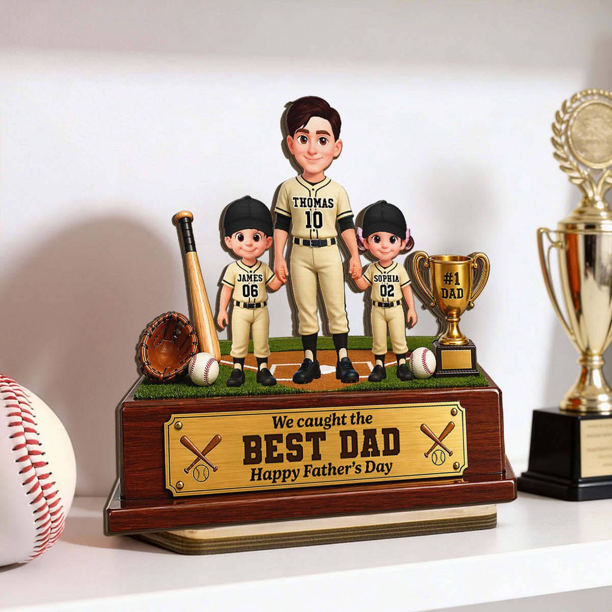 Baseball We Caught The Best Dad - Personalized 2-Layered Wooden Plaque - Father's Day Gift For Dad