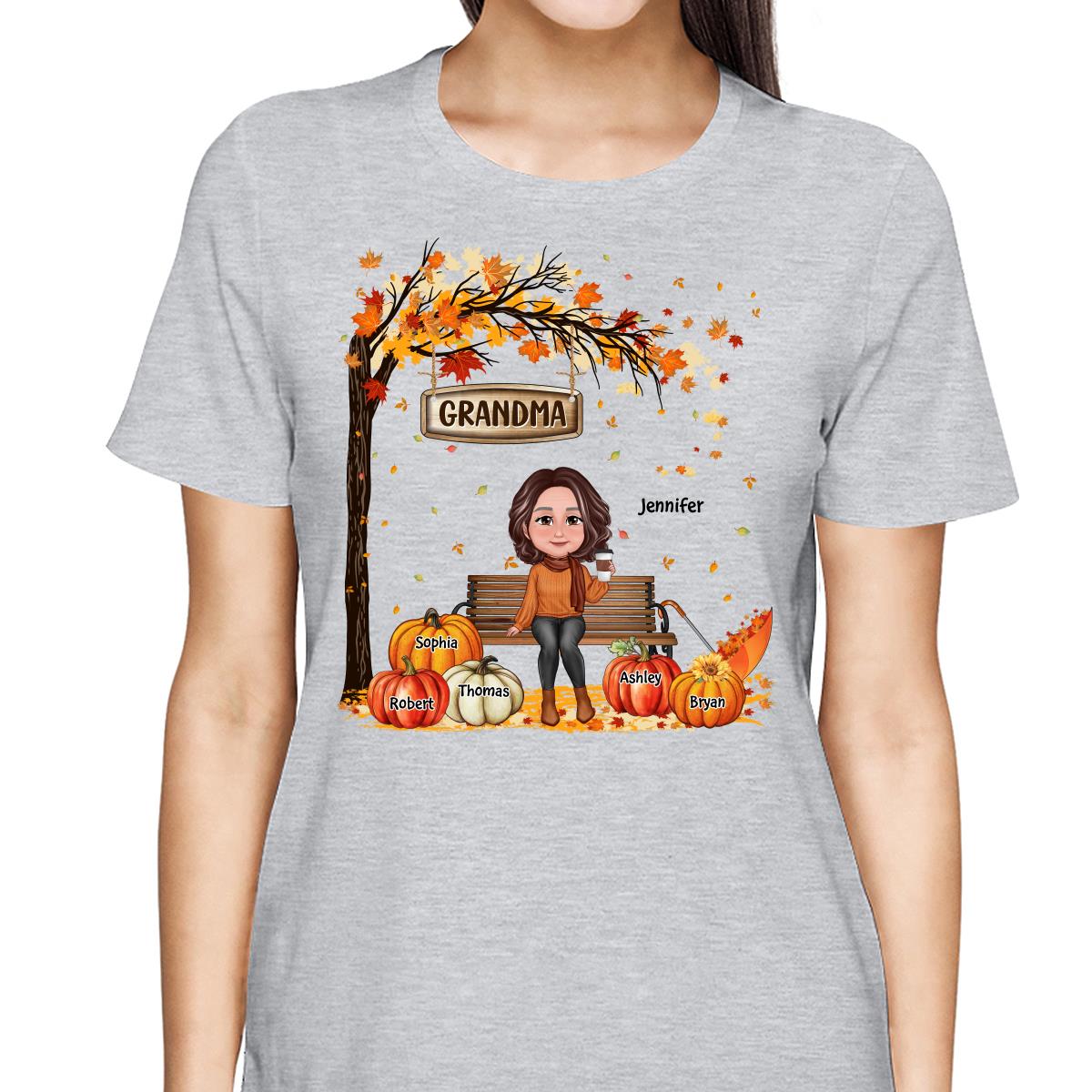 Grandma Mom Sitting On Bench Under Tree Fall Season Personalized Shirt