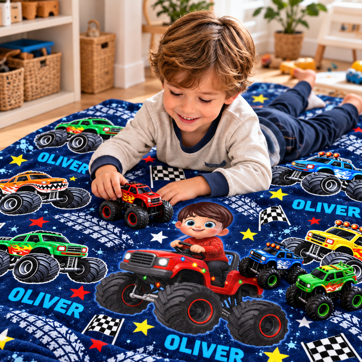 Kid Driving Monster Truck - Personalized Fleece Blanket - Gift For Kid Who Loves Monster Truck, Toddler Blanket for Boys