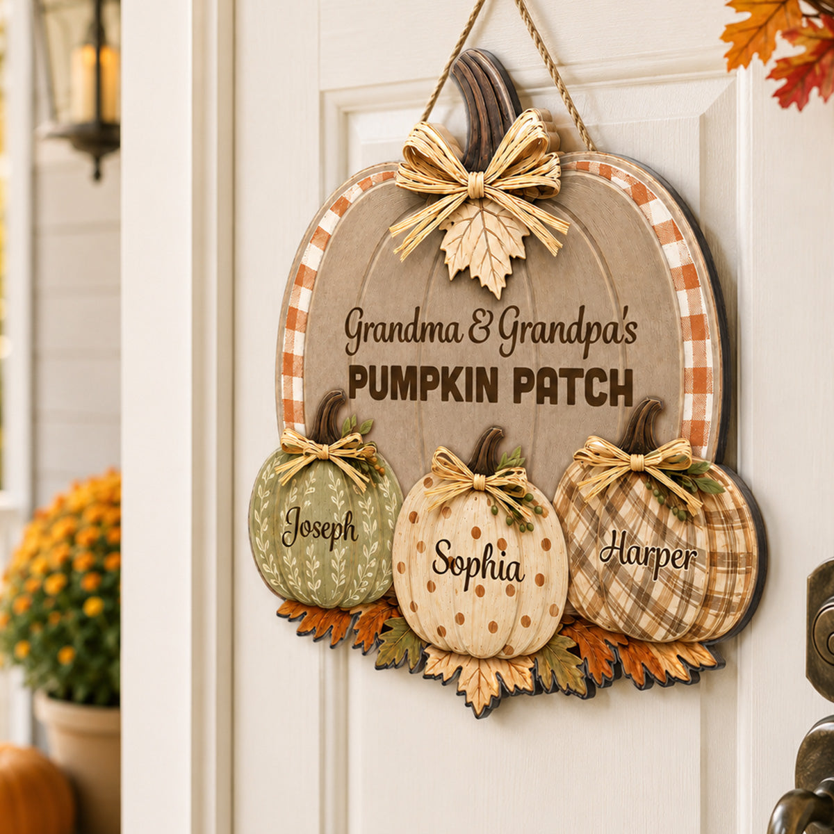 Grandma & Grandpa's Pumpkin Patch Polka Dot Leopard Plaid Pattern Pumpkins 2D Flat Printed - Personalized Door Hanger - Fall Season Decor For Grandparents