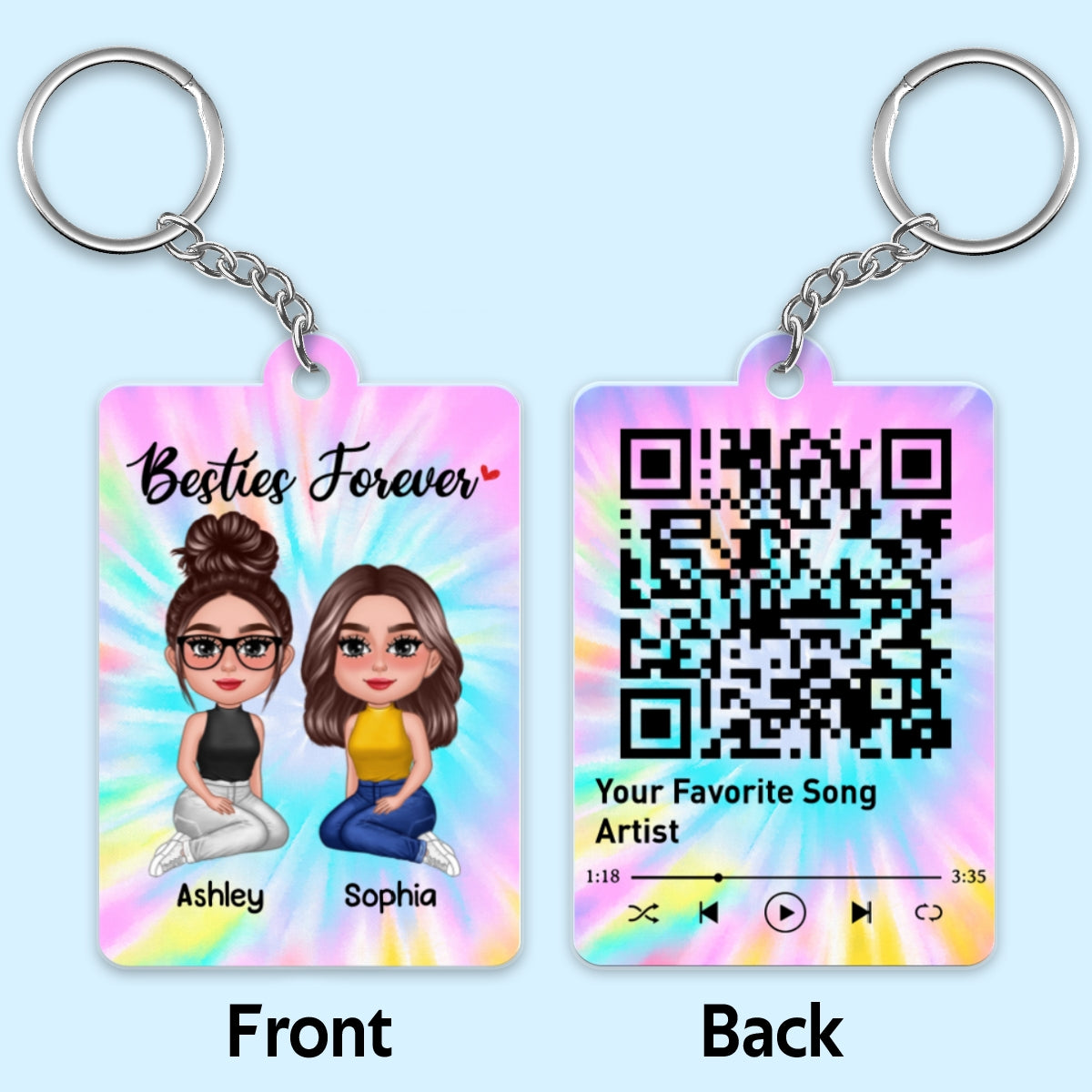 Pretty Doll Besties Sisters Tiedye Background Favorite Song Scannable QR Code Personalized Acrylic Keychain