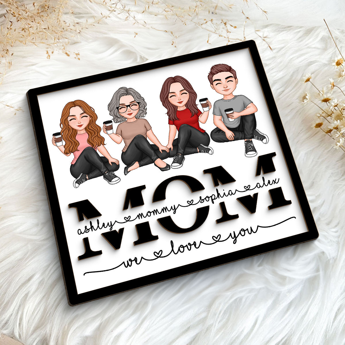 Mom We Love You Vector Sitting On Text Personalized 2-layer Wooden Plaque
