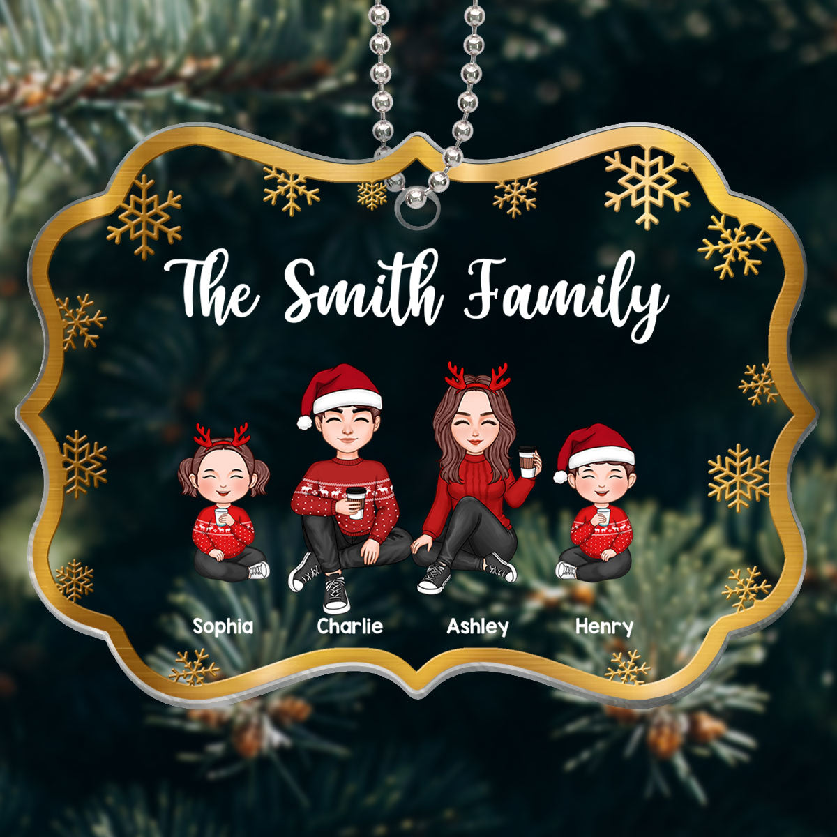 Gradient Christmas Cute Family Sitting Personalized Acrylic Ornament