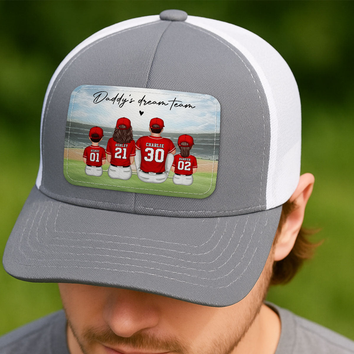 Baseball Daddy's Team Man & Kids Sitting Personalized Leather Patch Hat