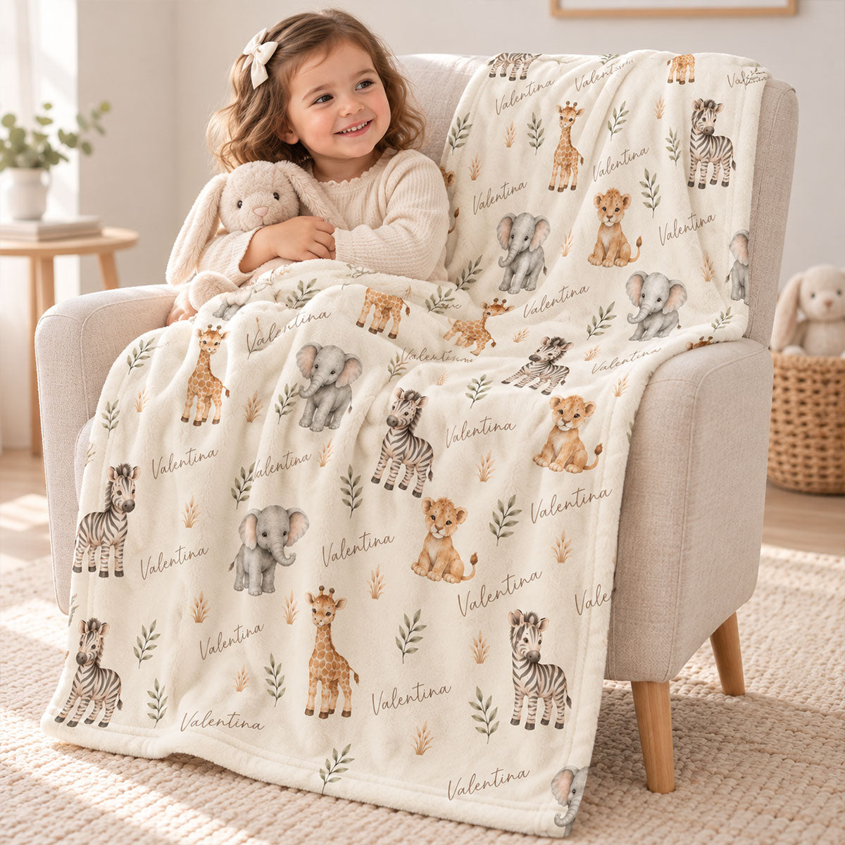 Safari Animal Print Custom Baby Name - Personalized Fleece Blanket - Nursery Jungle Animal Theme For Baby
