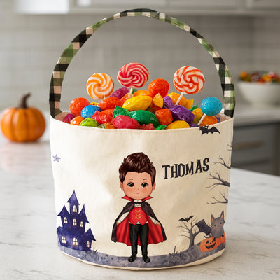 Halloween Cute Kids Characters Personalized Trick or Treat Basket, Gift for Daughter, Son, Grandkids