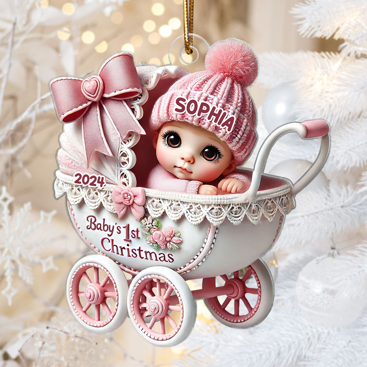 3D Effect Newborn Baby In Carriage Christmas Personalized Flat Acrylic Ornament, Christmas Gift For Newborns, New Parents