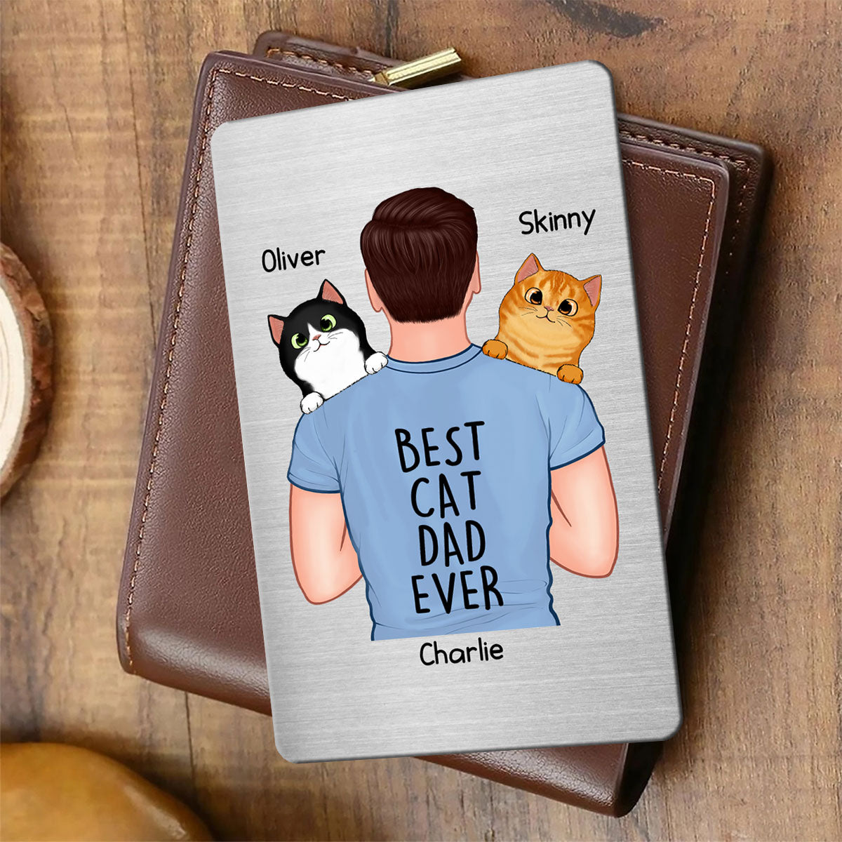 Man Carrying Cats Best Cat Dad Ever Gift For Cat Lovers Personalized Metal Wallet Card