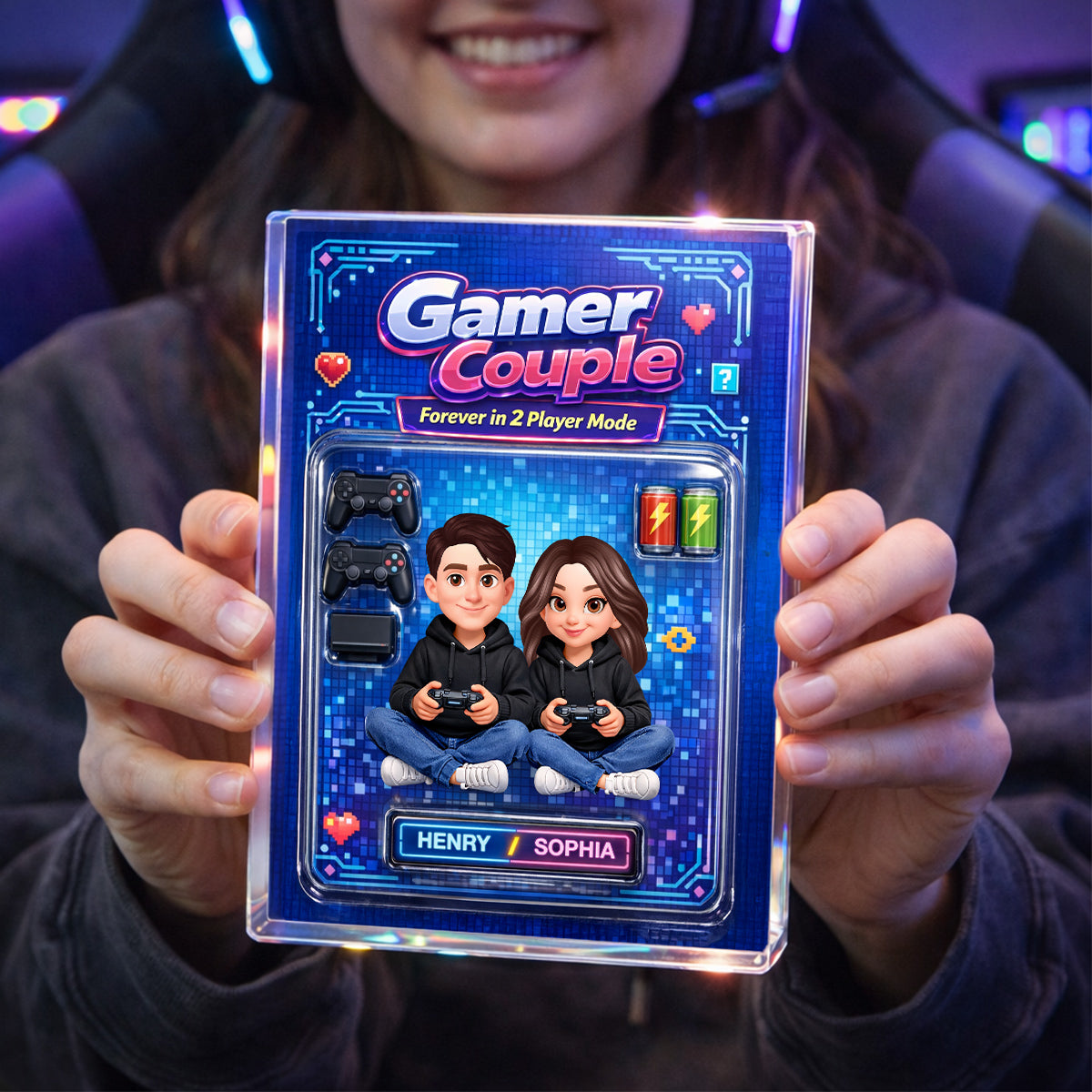 Forever in 2 Player Mode Custom Action Figure - Personalized Acrylic Block Plaque - Custom Gaming Gift for him, for her