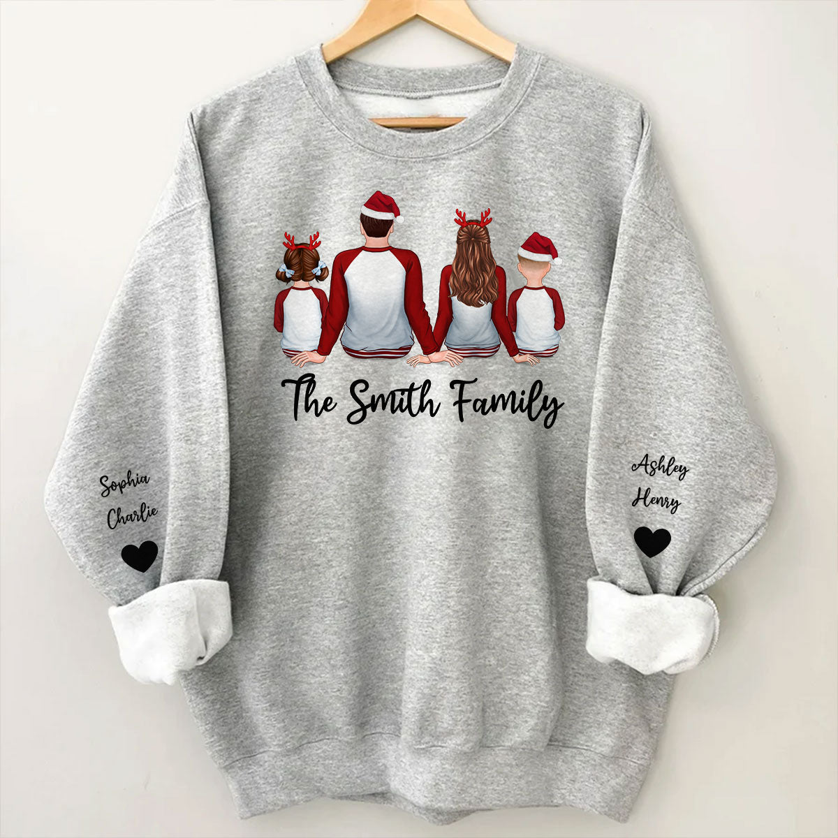 Family Sitting Pajamas Back View Personalized Sleeve Printed Sweatshirt