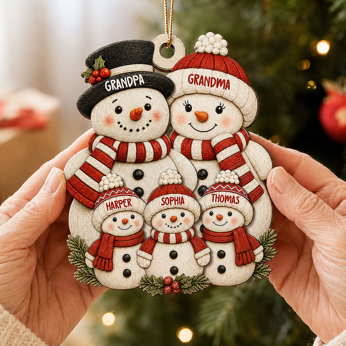 Cute Snowman Grandparents & Grandkids 2D Flat Printed - Personalized Wooden Ornament - Christmas Tree Decor For Family, Grandma, Grandpa